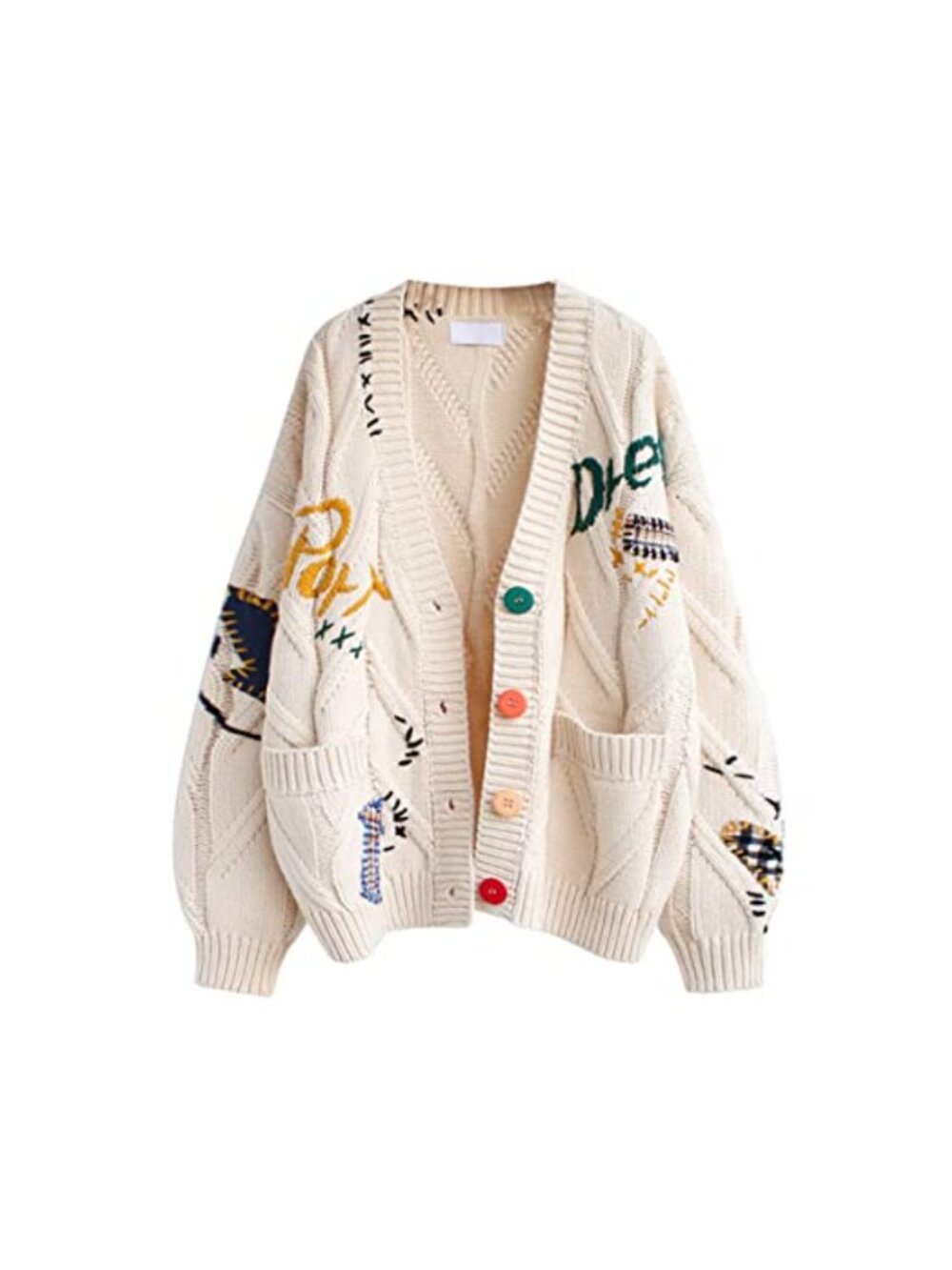 Cable Knit Embroidery Patchwork Cardigan V Neck Button Down Sweater